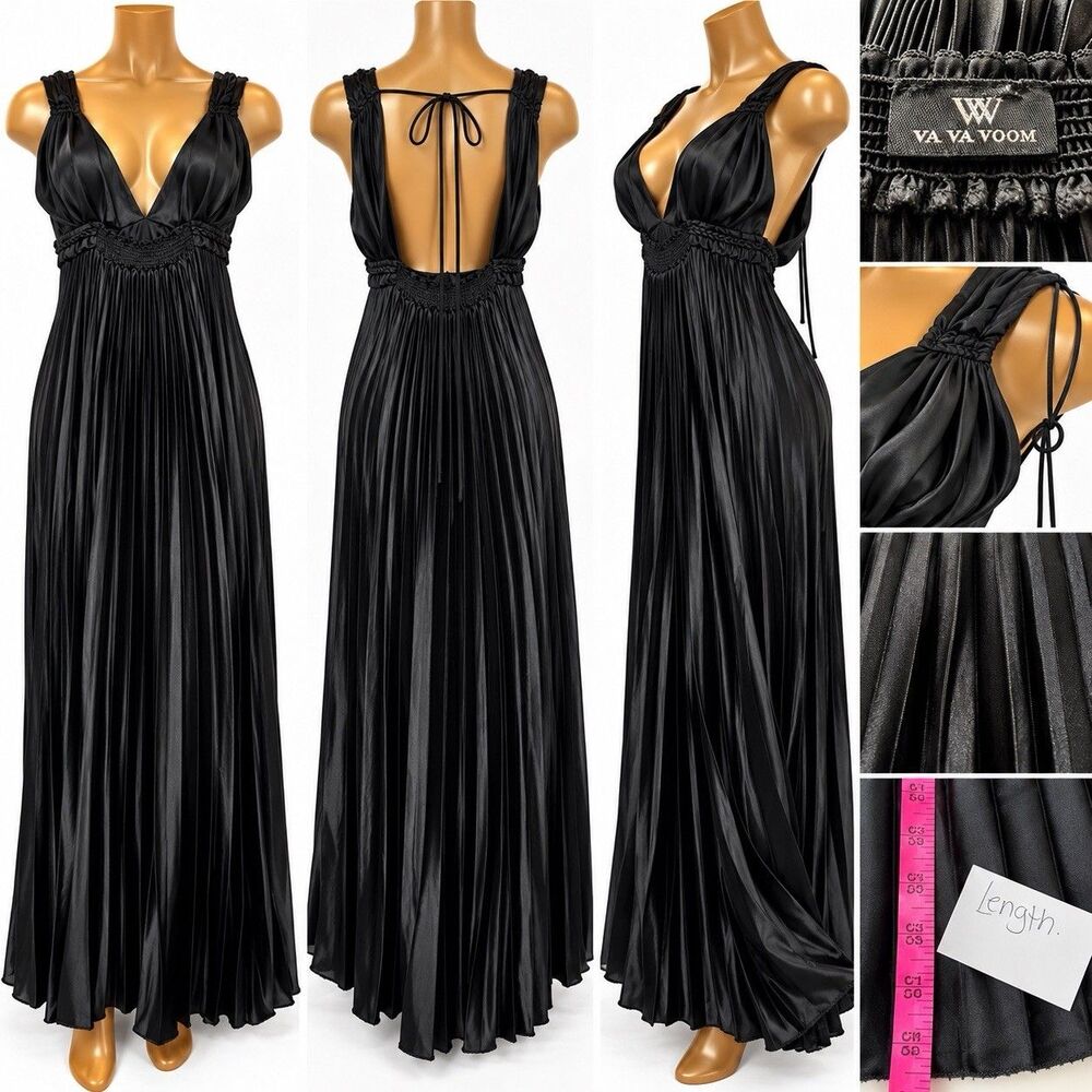 VA VA VOOM dress Black Satin Pleated Maxi Deep V neck Evening Formal Gown